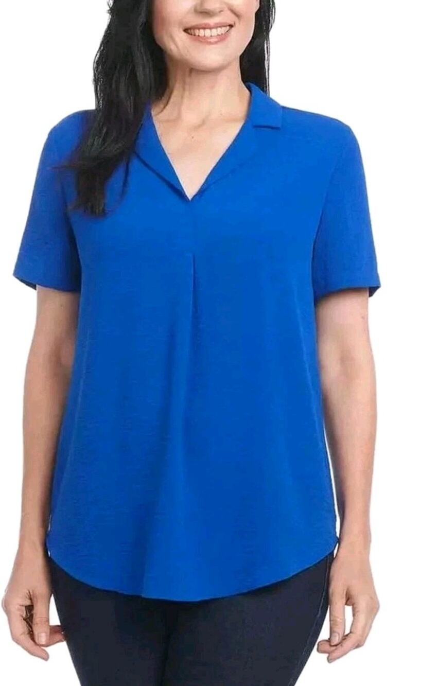 Hilary Radley Women's Pleated Collared Blouse Blue Size Large Flowy Minimalist